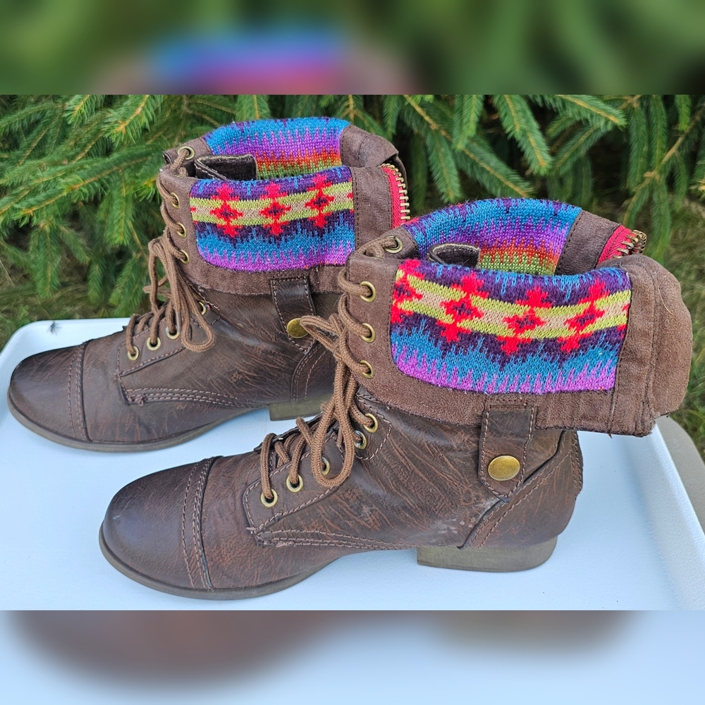 SM New York Brown Lace Up Boots with Multicolor Fold Over Knit Cuff